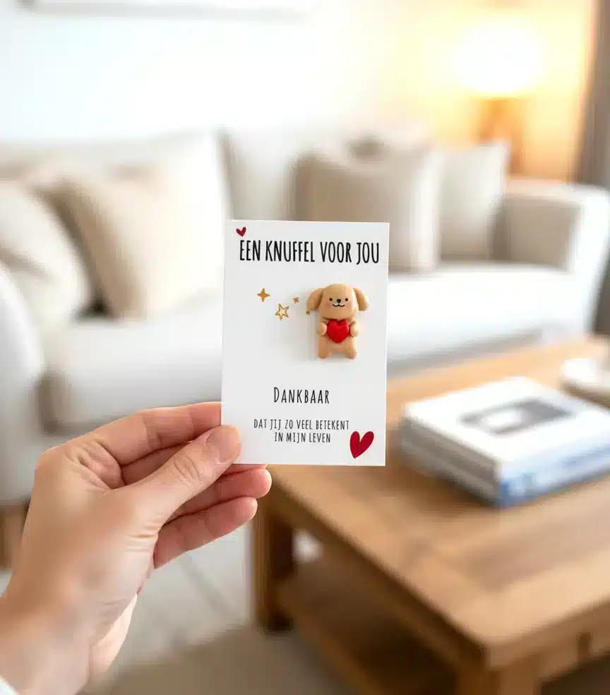 Hand houdt een Pocket Hug kaartje vast met een klein hondje dat een hartje vasthoudt